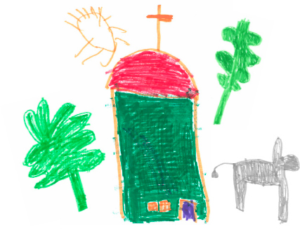 Kuvassa on lasten piirtämä vihreä punakattoinen kirkko, vihreitä palmunoksia sekä harmaa aasi.